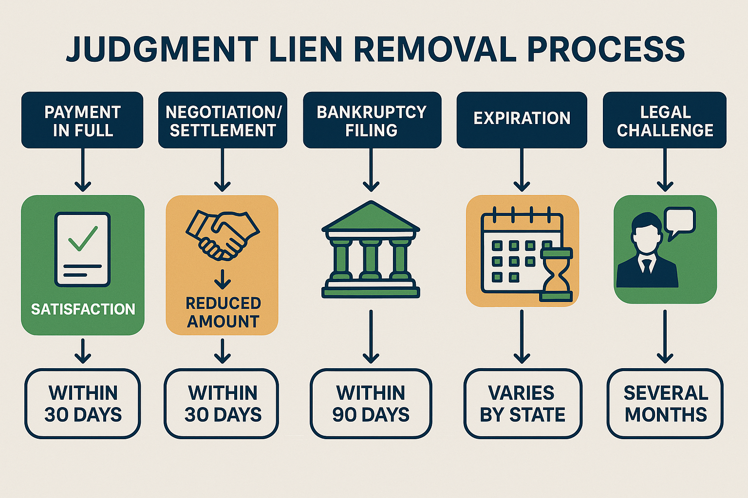 Step-by-step removal process flowchart (1536x1024 landscape) displaying five main pathways to remove judgment liens. Visual flow includes: 1