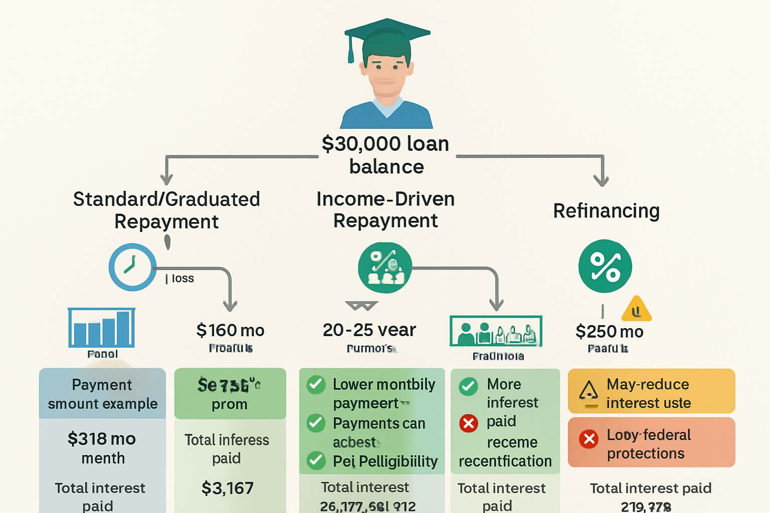 Detailed landscape decision tree infographic (1536x1024) illustrating student loan repayment plan options with branching pathways. Top cente