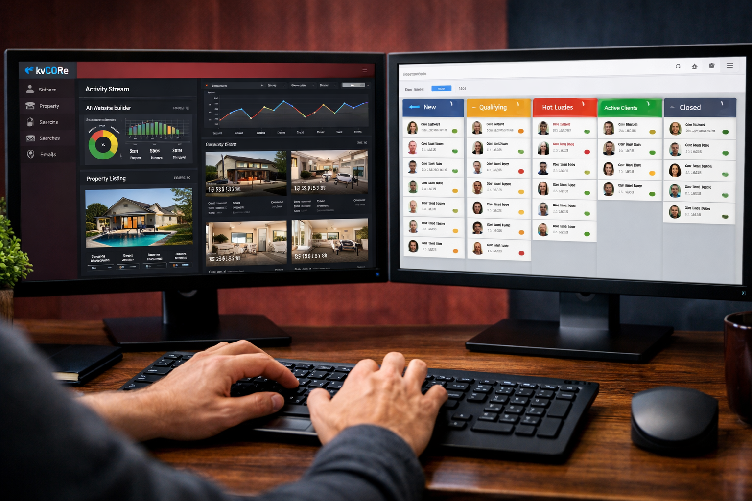 Split-screen comparison visual showing two distinct CRM dashboard interfaces on modern monitors &mdash; left side features