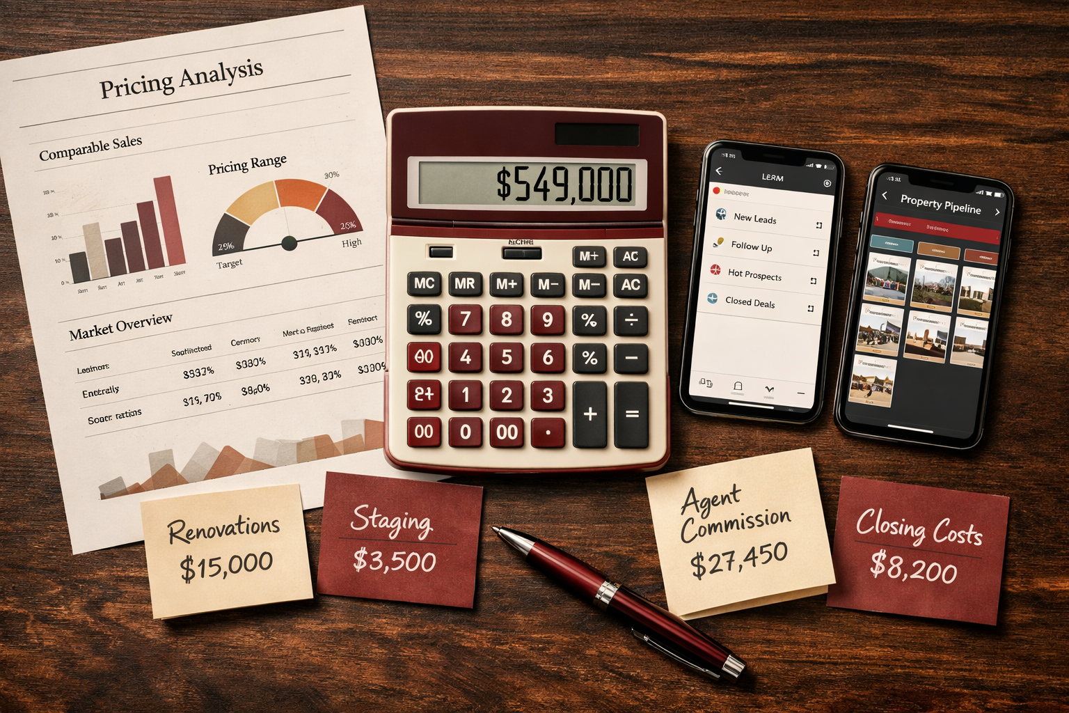 Close-up overhead flat-lay of a real estate agent's workspace with printed pricing sheets, a calculator showing dollar