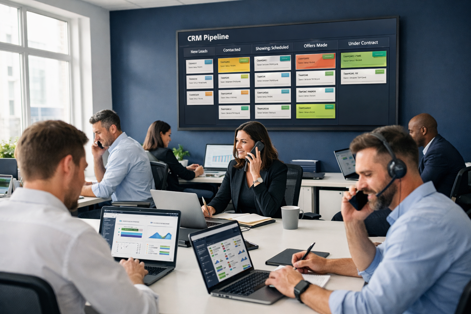 Wide-angle view of a modern real estate team in a bright open-plan office, some agents on laptops reviewing lead dashboards,