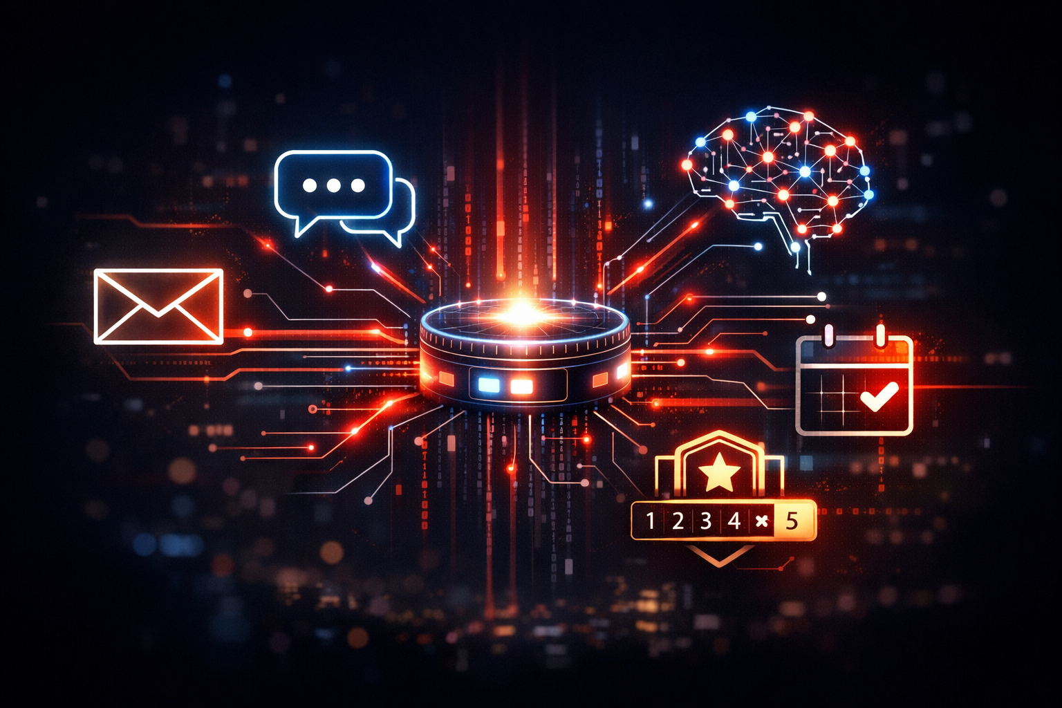 Dynamic visual of glowing digital automation icons &mdash; email sequences, SMS bubbles, AI brain nodes, calendar reminders, and