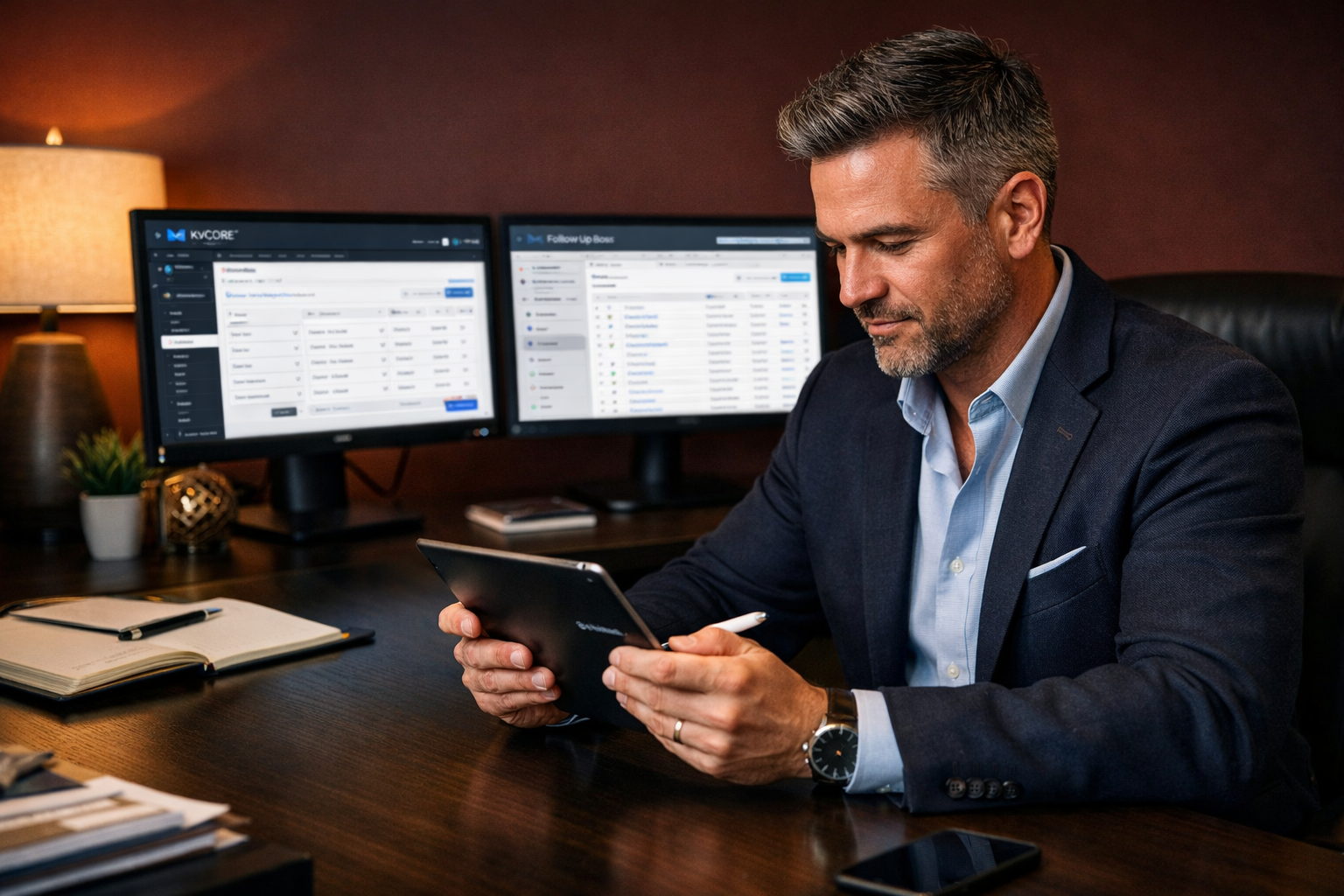 Confident real estate agent sitting at a modern desk reviewing a final CRM comparison checklist on a tablet, with two