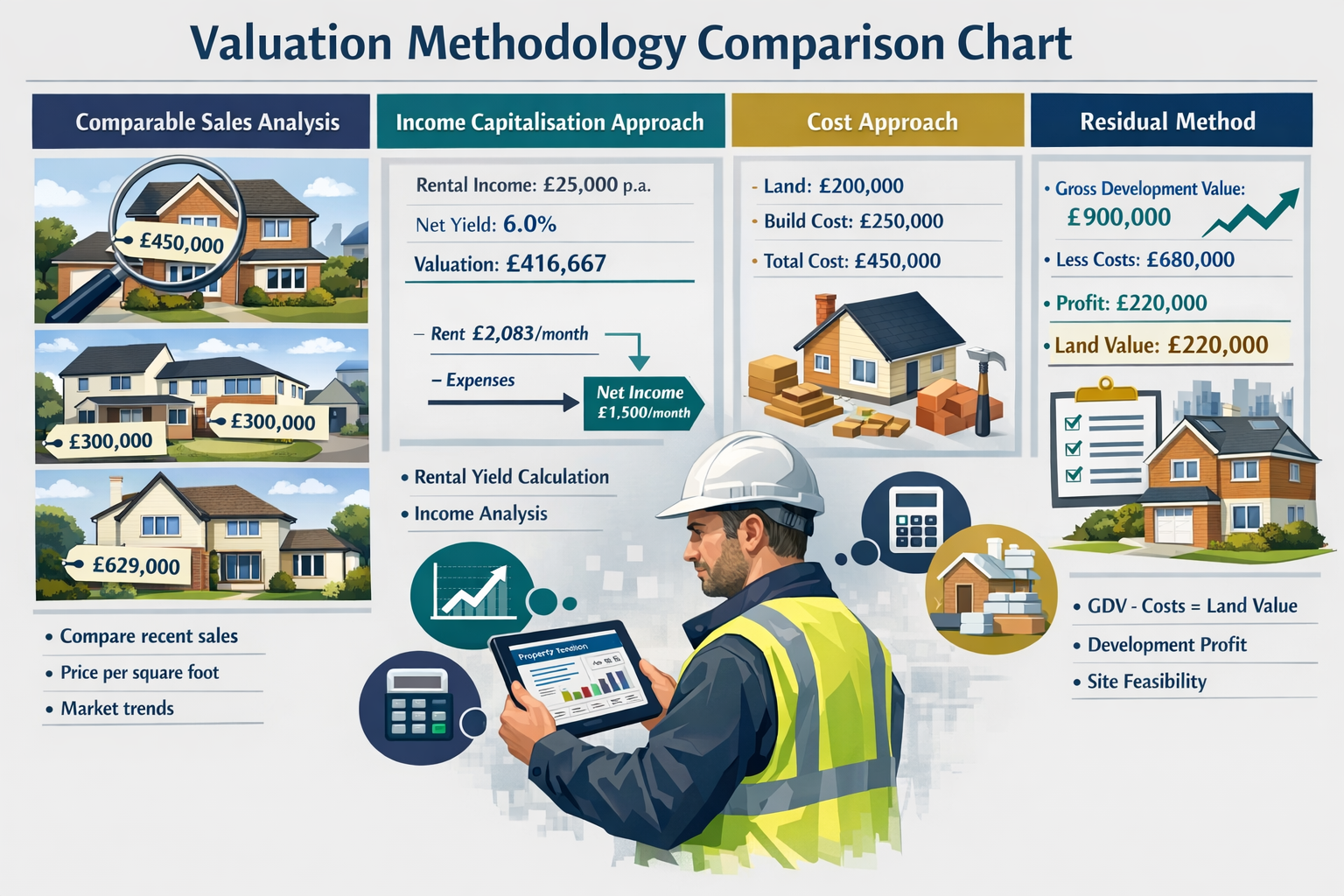 Landscape format (1536x1024) comprehensive visual guide showing multiple valuation methodology comparison chart with four distinct columns: 