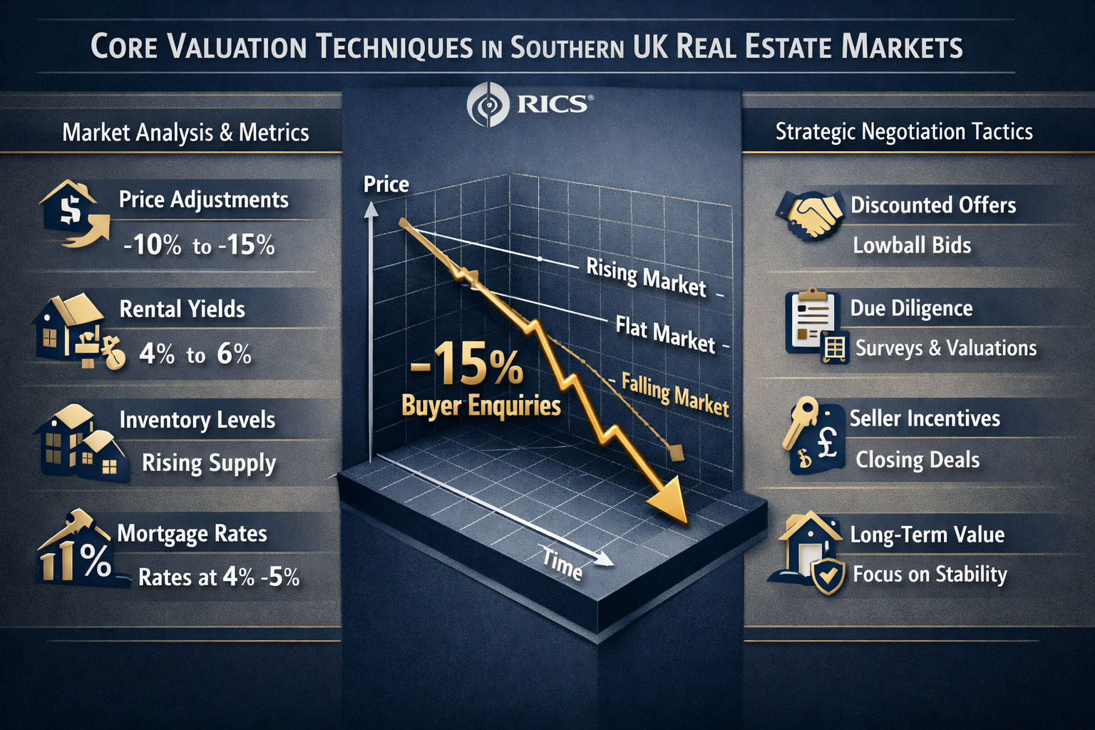 Detailed landscape-oriented infographic visualizing core valuation techniques for Southern UK real estate markets, featuring a central 3D gr