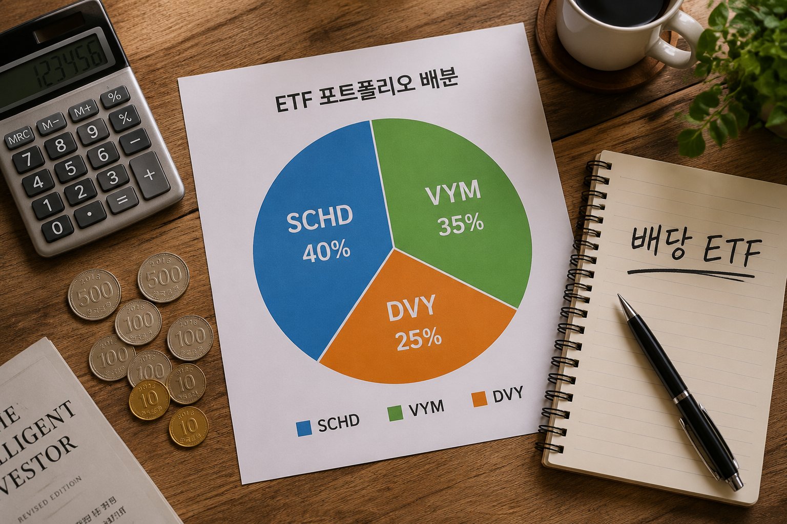 Overhead flat-lay landscape () showing a wooden desk with a printed ETF portfolio allocation pie chart divided into SCHD,