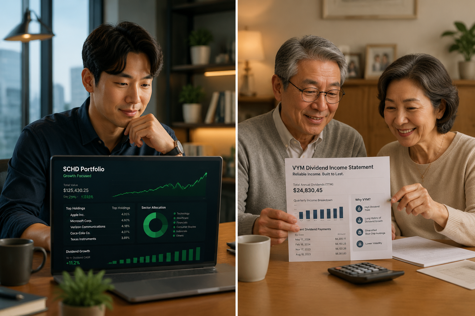 Split-screen landscape () showing two investor personas side by side: left side depicts a young Korean professional in their