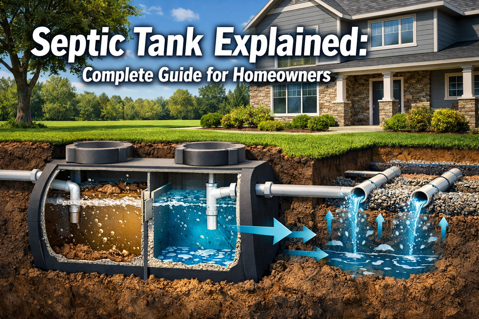 Professional landscape format (1536x1024) hero image featuring bold text overlay 'Septic Tank Explained: Complete Guide for Homeowners' in e