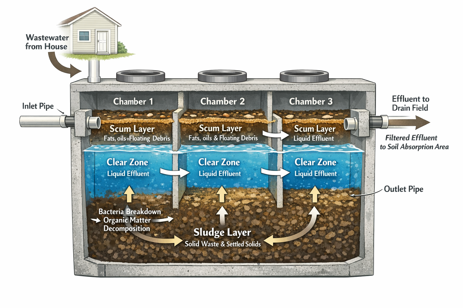 Portrait format (1024x1536) detailed cutaway diagram of septic tank showing three-chamber system with scum layer, clear zone, and sludge lay