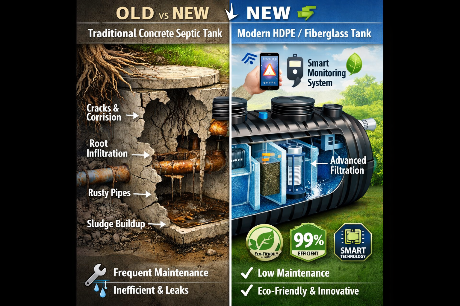Portrait format (1024x1536) comparison chart showing traditional concrete septic tank versus modern HDPE and fiberglass tanks. Split-screen 