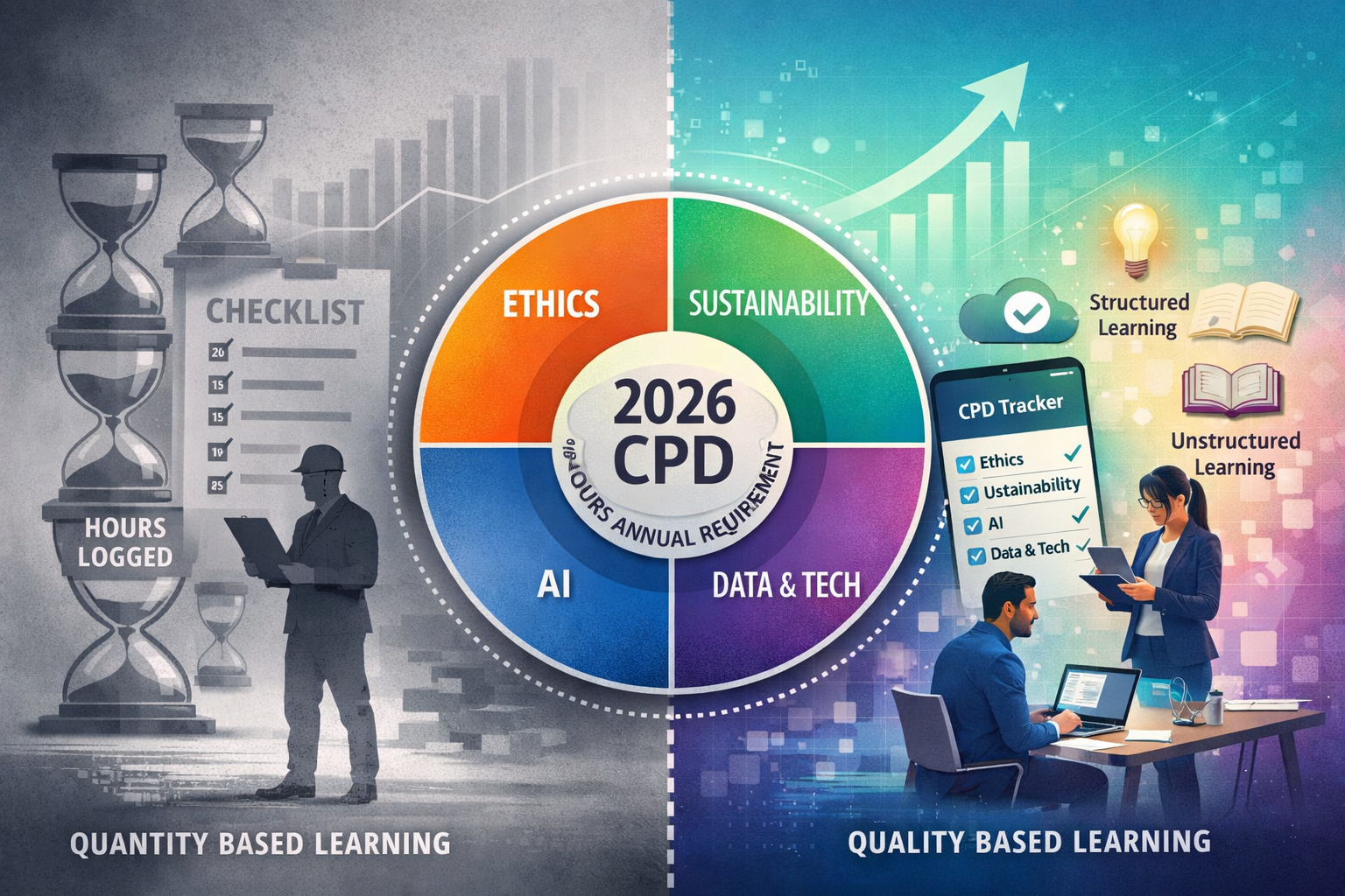 () conceptual illustration of the revised 2026 CPD framework showing quality-focused professional development over quantity.