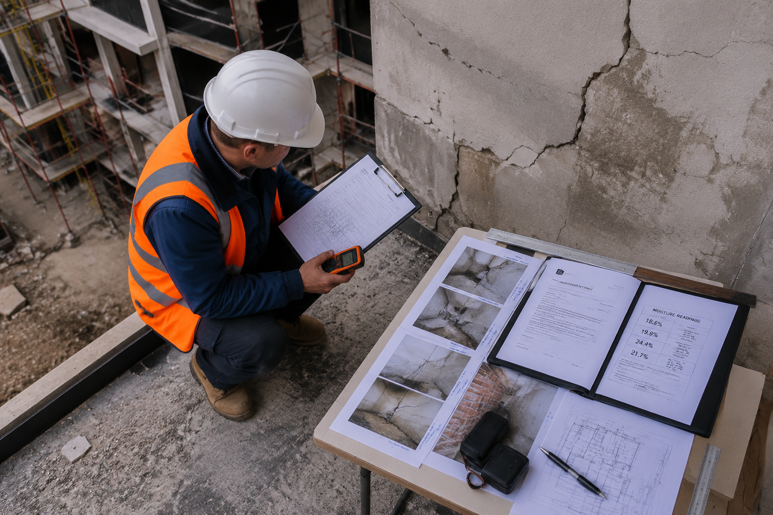 Detailed () showing a building surveyor at a construction defect site, crouching beside a wall with visible structural