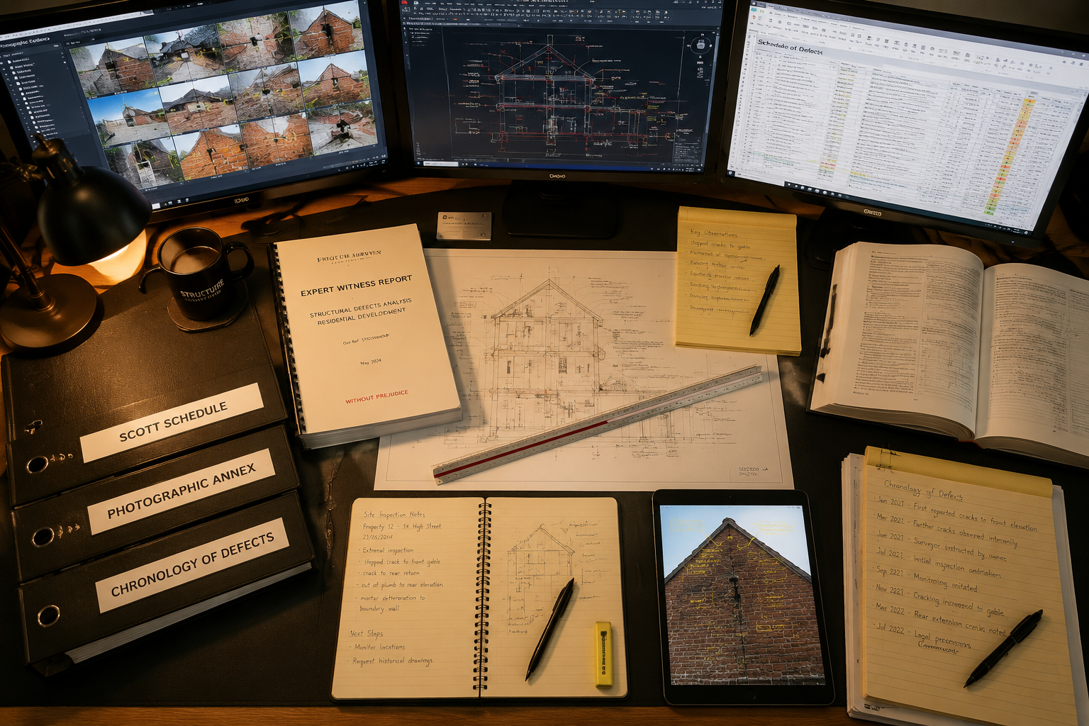 Detailed () showing an organized evidence management workspace: a wide-angle view of a professional surveyor's desk with