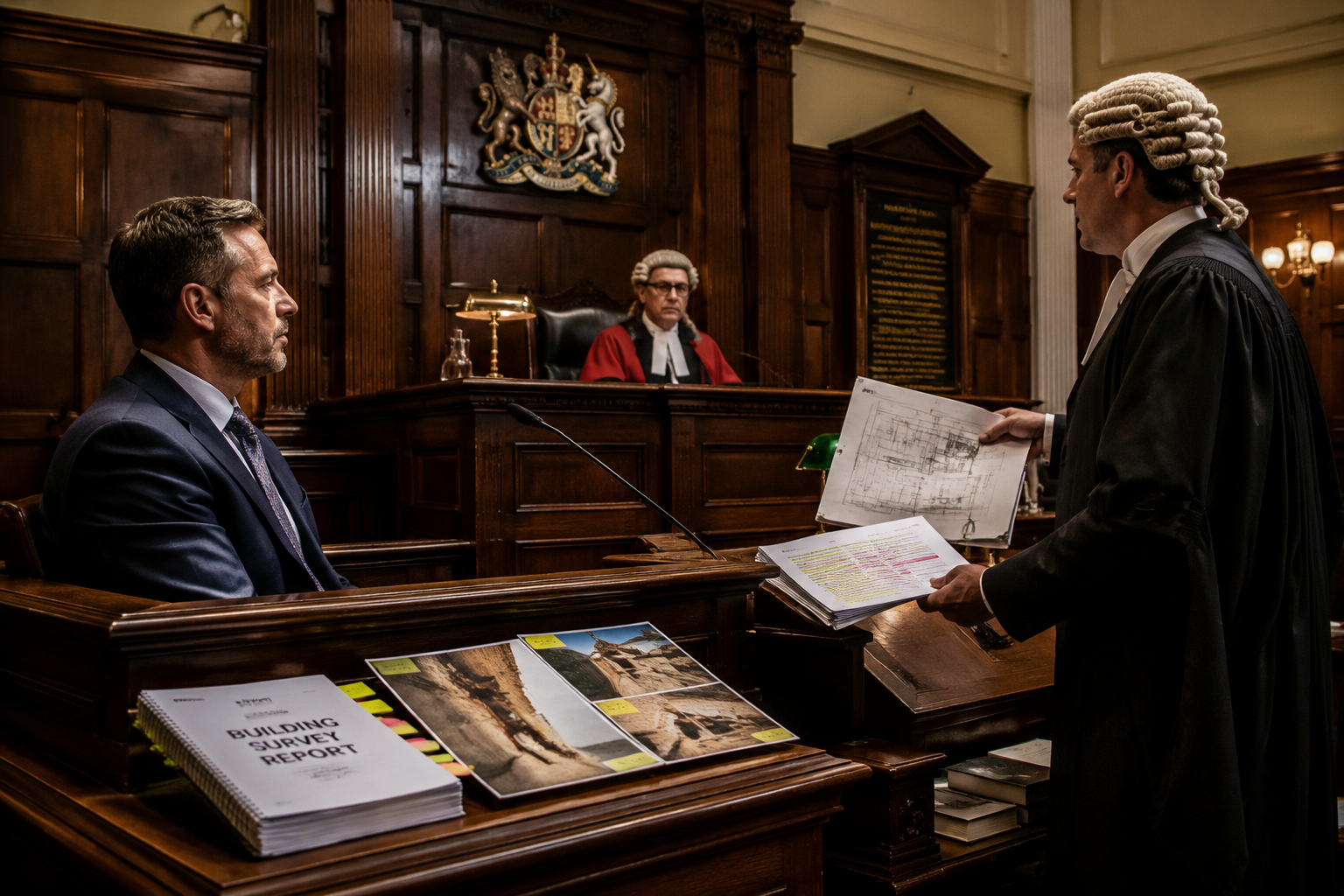 Detailed () depicting a formal courtroom cross-examination scene from a wide side-angle: a building surveyor expert witness