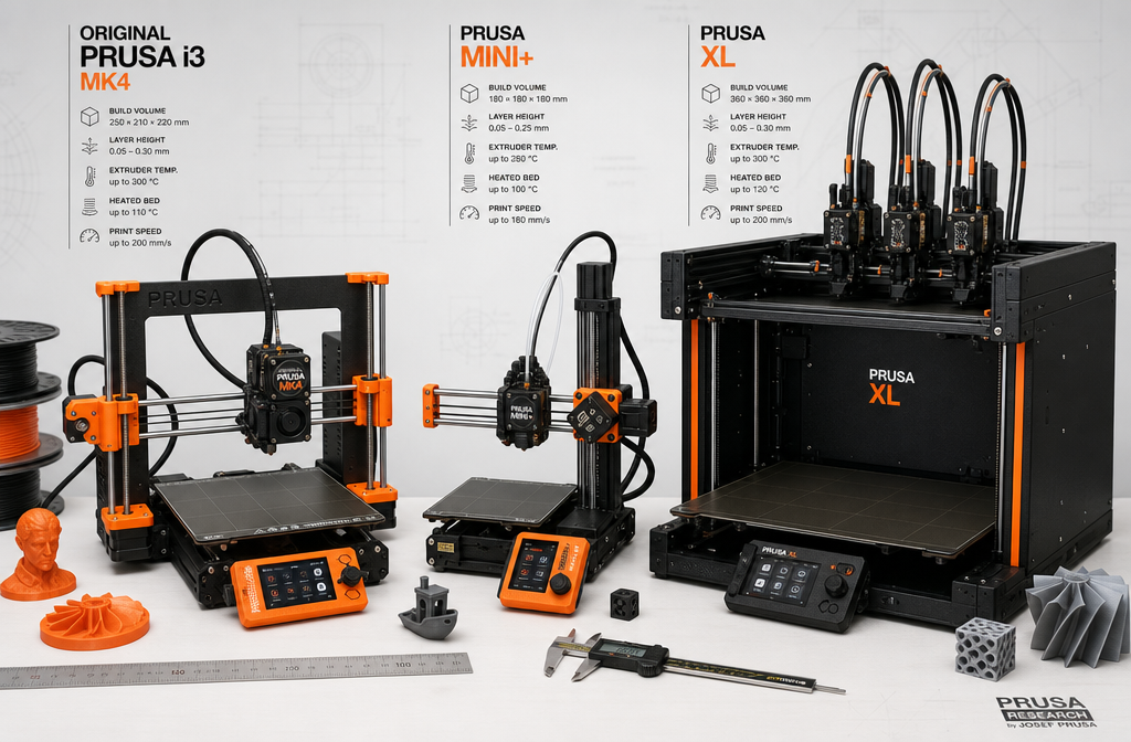 Detailed () image showing close-up comparison of three different Prusa 3D printer models side by side - Original Prusa i3
