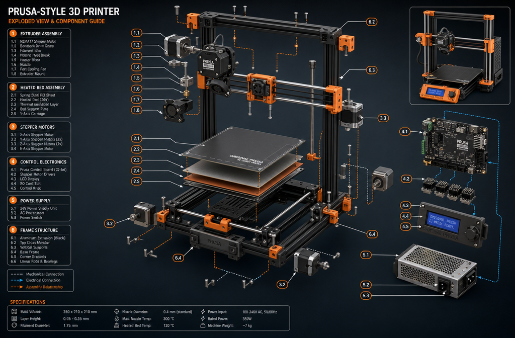 Detailed () image displaying exploded view technical diagram of Prusa 3D printer internal components and assembly, featuring