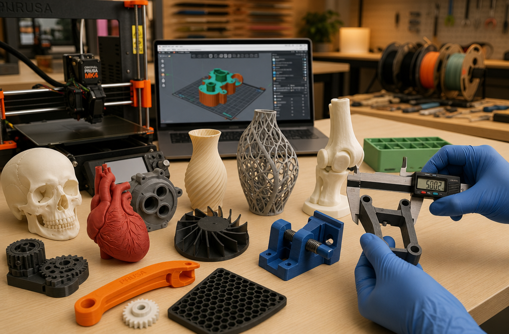 Detailed () image showing diverse real-world applications of Prusa 3D printer output, featuring collection of finished