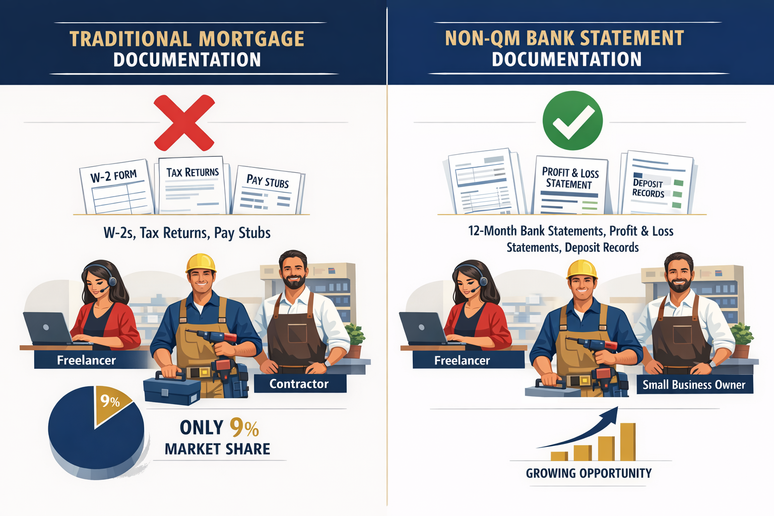 Landscape format (1536x1024) infographic showing comparison between traditional mortgage documentation (W-2 forms, tax returns, pay stubs) v