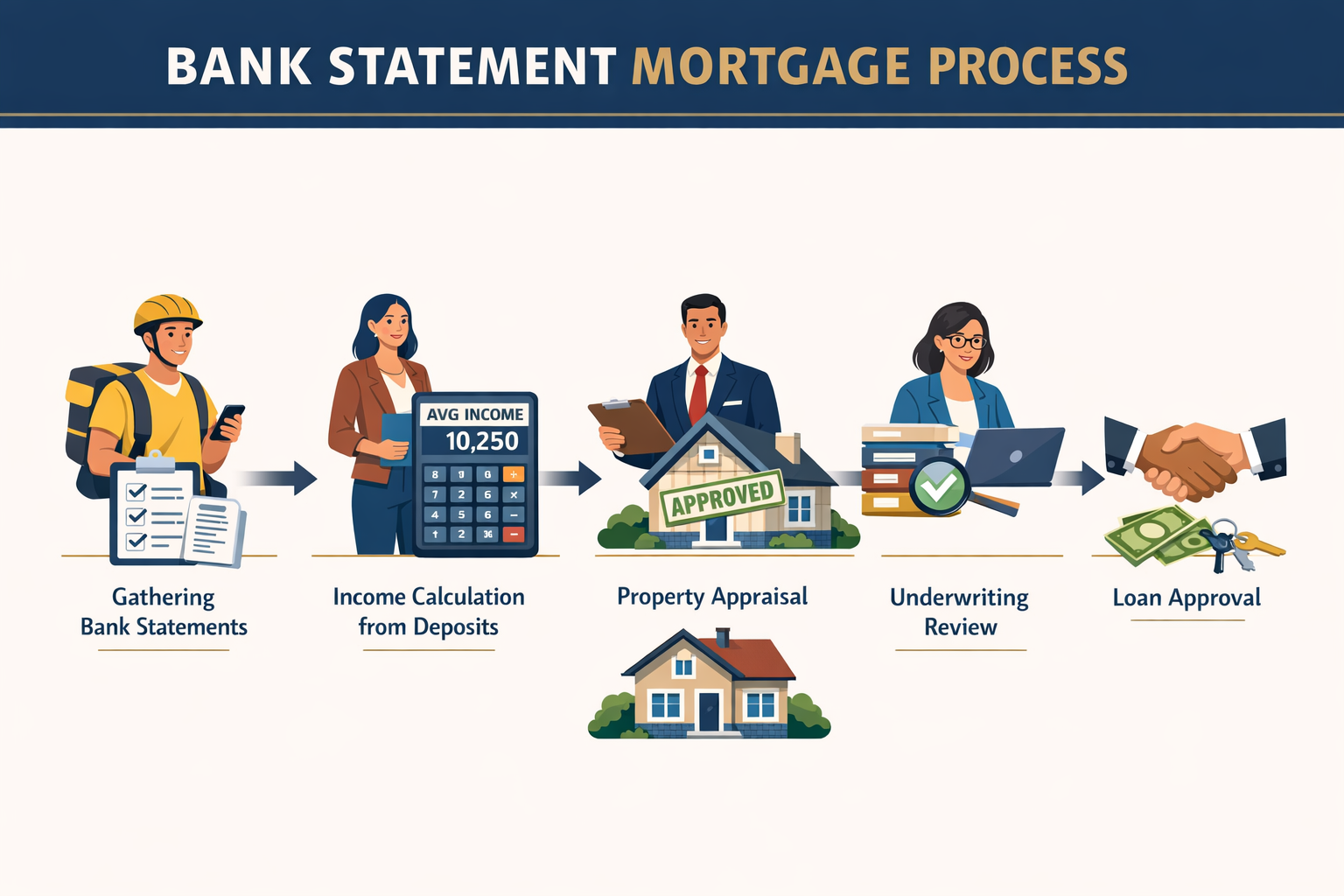 Landscape format (1536x1024) step-by-step application process flowchart for bank statement mortgages showing five connected stages: gatherin