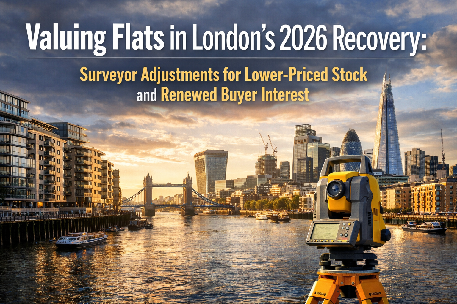 Professional landscape hero image (1536x1024) with bold text overlay: "Valuing Flats in London's 2026 Recovery: Surveyor Adjustments for Low