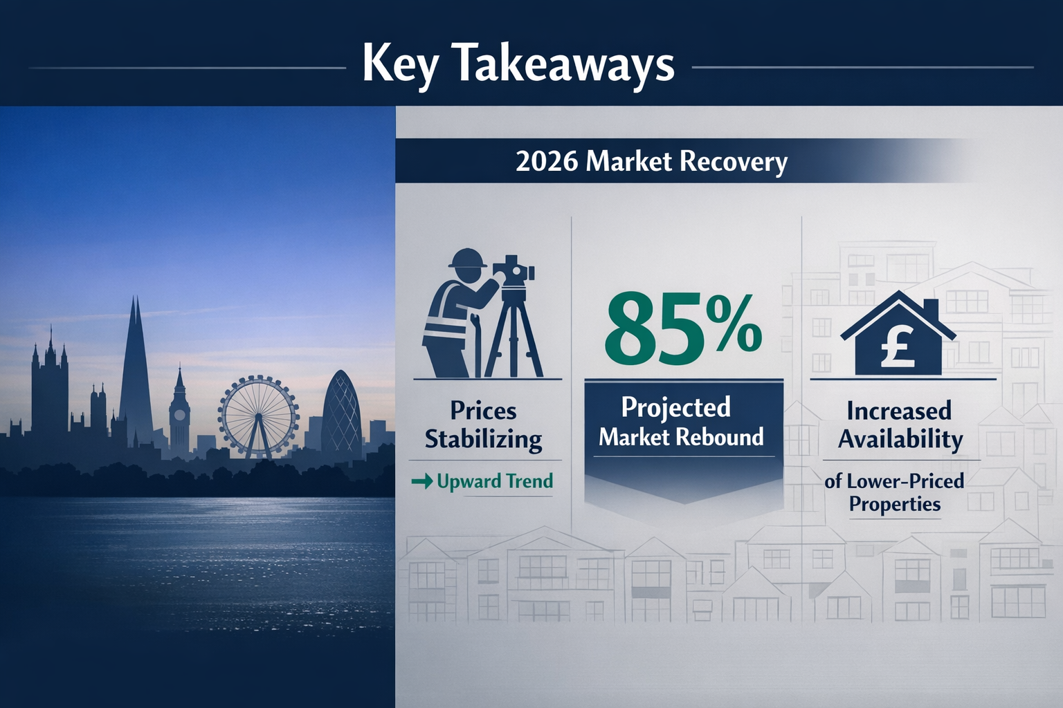 Key Takeaways section infographic with data visualization: Split-screen landscape layout showing London skyline silhouette on left, right si