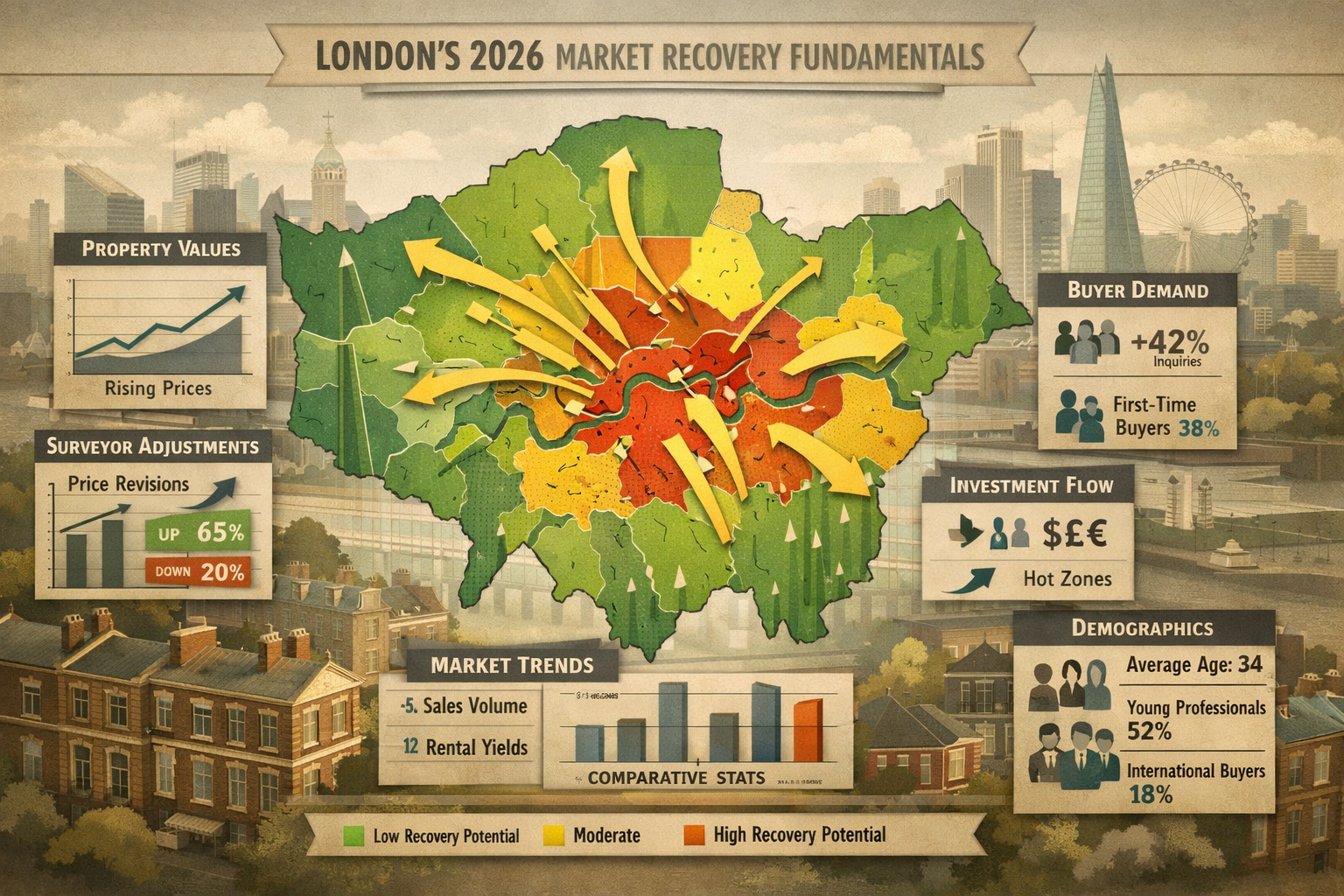 London's 2026 Market Recovery Fundamentals visualization: Comprehensive geographic heat map of London boroughs, color-coded intensity repres