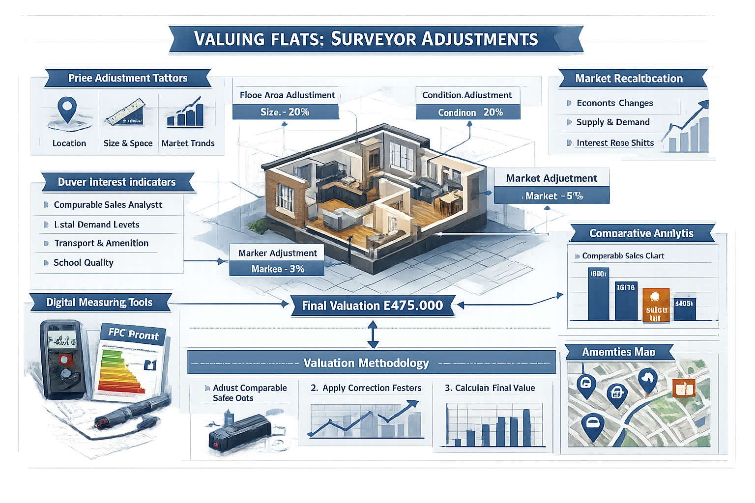 Valuing Flats Surveyor Adjustments infographic: Technical schematic showing flat valuation methodology, split into layered transparent secti