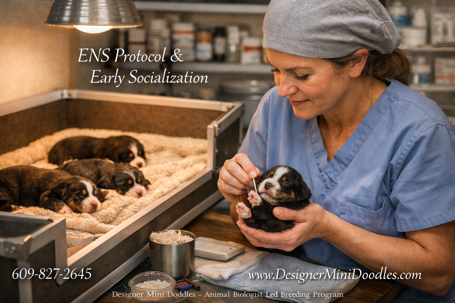 Detailed () image showing a behind-the-scenes whelping and puppy care scene. A caring breeder in scrubs performing Early