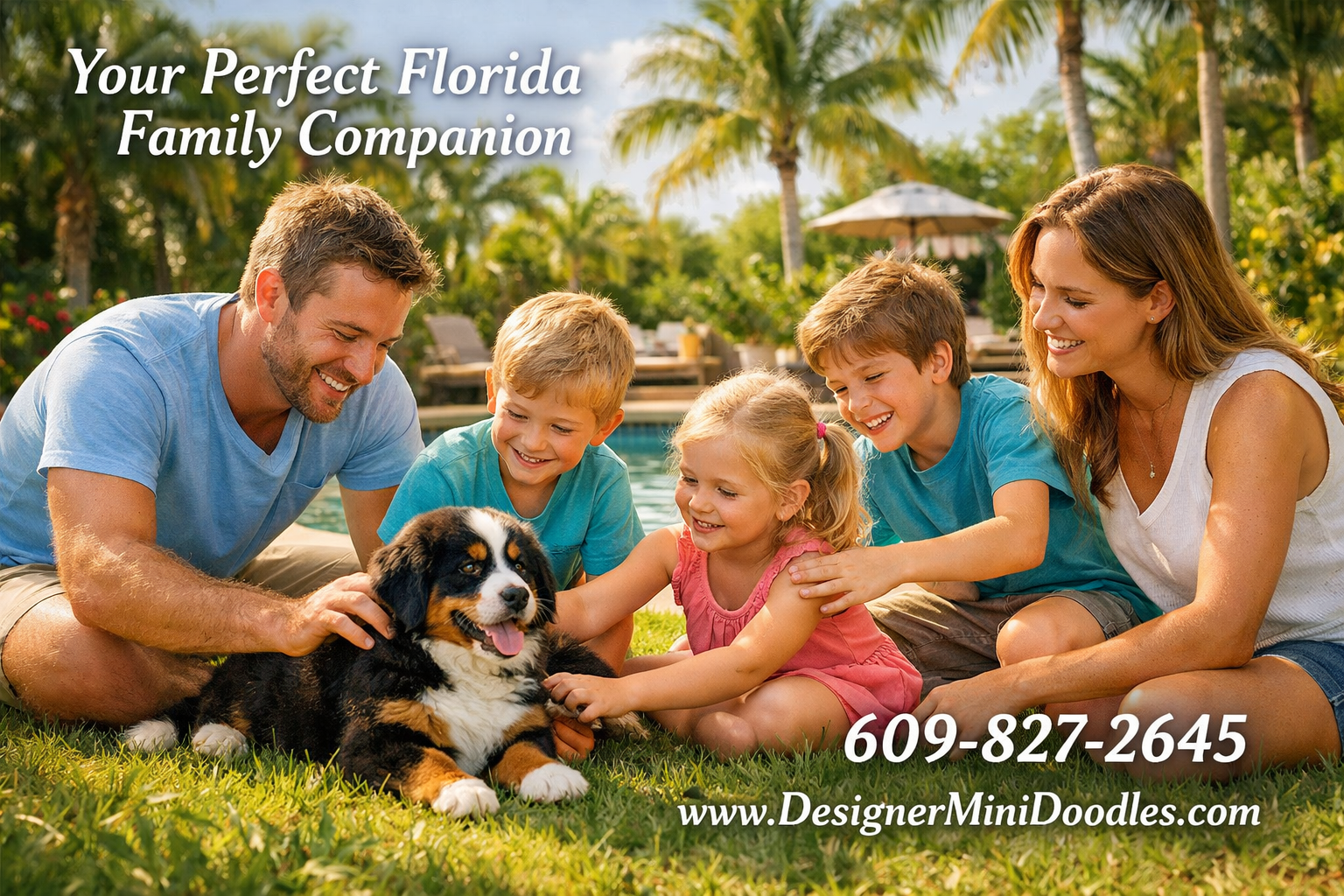Detailed () image showing a happy family with children playing with a miniature bernese mountain dog puppy in a Florida