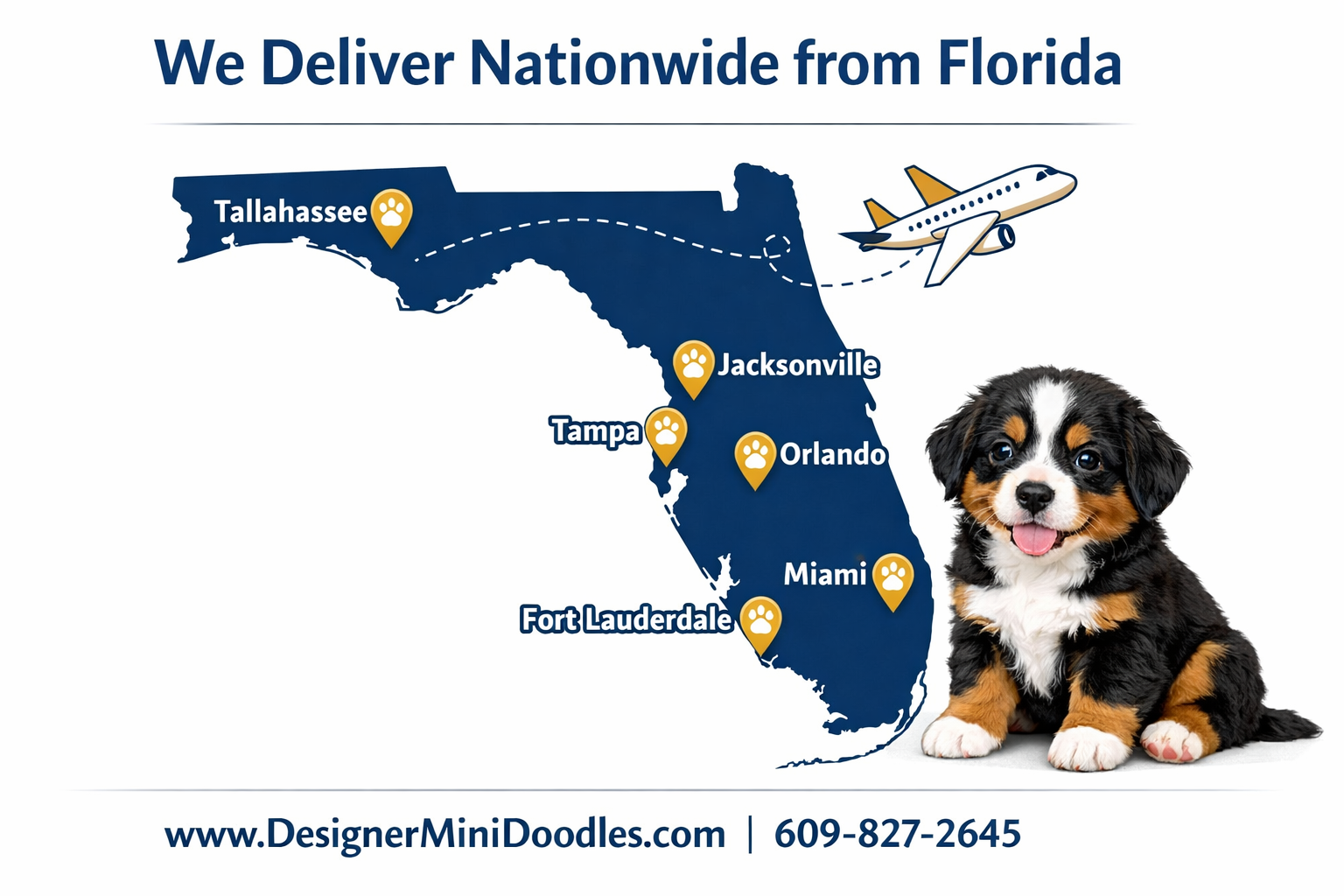 Detailed () image showing a clean, Orlando, Jacksonville, Miami, Fort Lauderdale, and Tallahassee. Each city has a small paw