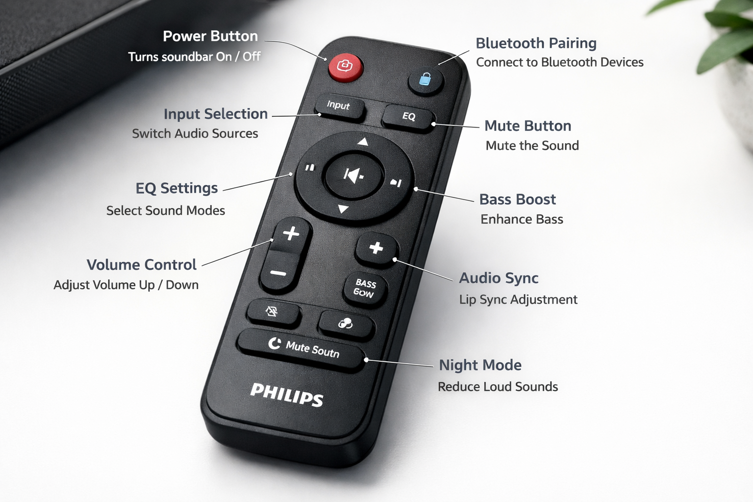 Philips Soundbar Remote Detailed landscape format (1536x1024) image showing close-up product photography of Philips soundbar remote control with all buttons clearly labeled and visible, including volume controls, input selection, power button, and special function keys. Remote positioned at slight angle on clean white surface with soft professional lighting highlighting button textures and ergonomic design. Surrounding elements include small text callouts pointing to key buttons explaining their functions, modern tech product photography style with shallow depth of field, crisp details, professional studio quality lighting setup.
