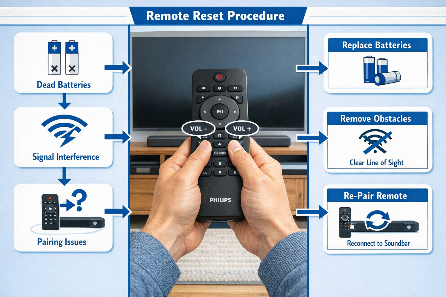 Philips Soundbar Remote Comprehensive landscape format (1536x1024) troubleshooting guide visual showing step-by-step diagnostic flowchart for Philips soundbar remote issues. Split-screen composition with left side displaying common problems as icons (dead batteries, signal interference, pairing issues) connected by arrows to solutions on right side. Center features hands demonstrating remote reset procedure with Philips soundbar in background. Clean infographic style with blue and white color scheme, numbered steps, clear typography, professional instructional design aesthetic with practical home environment setting.