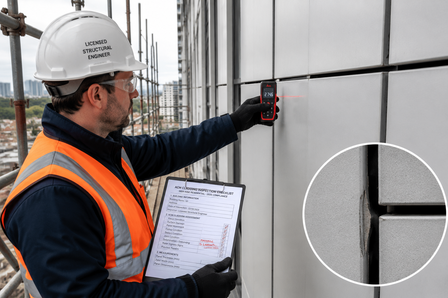 Detailed () showing a licensed structural engineer on a building scaffold platform using a handheld laser distance meter to