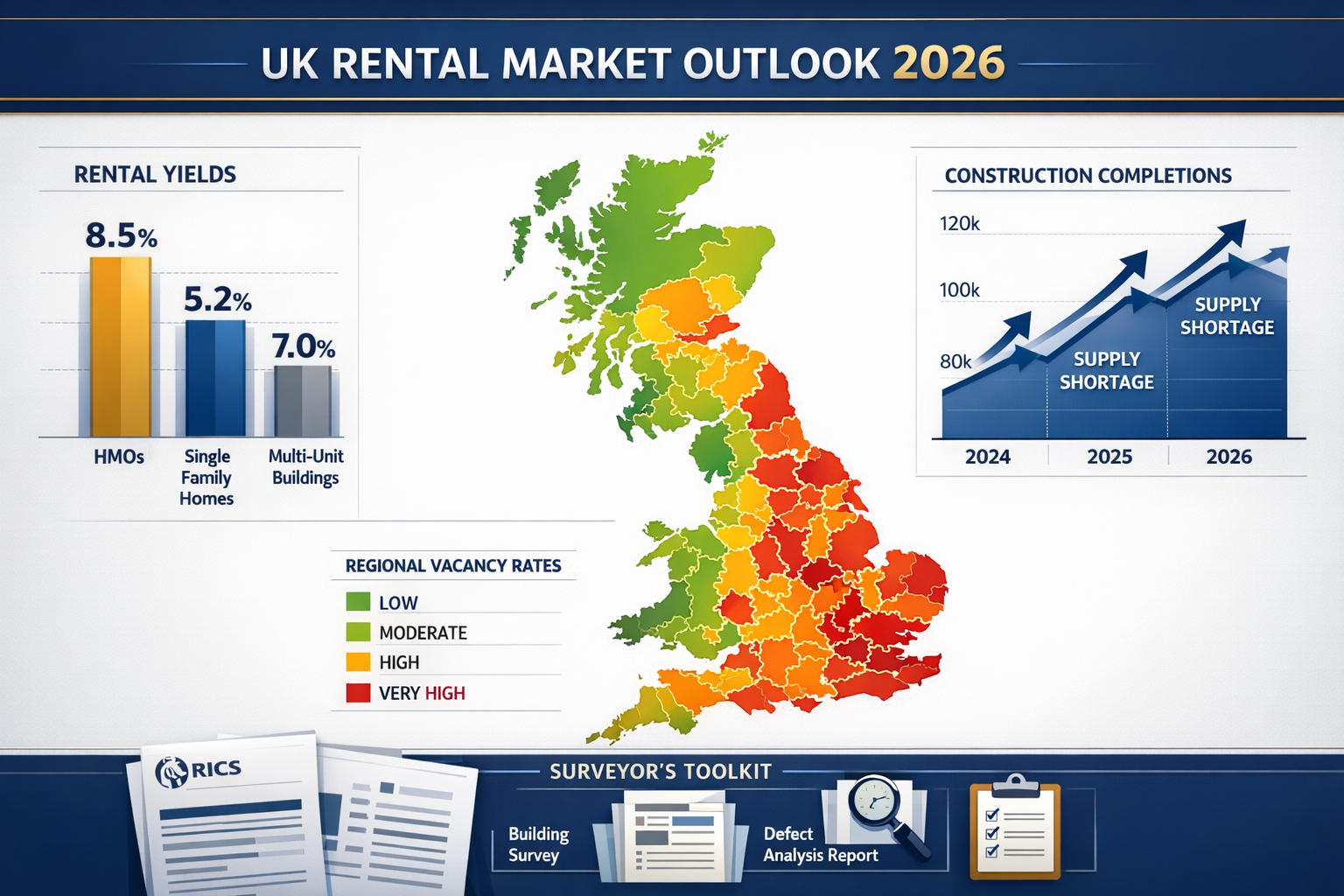 Detailed landscape format (1536x1024) professional infographic-style image displaying rental market data visualization for 2026. Central foc
