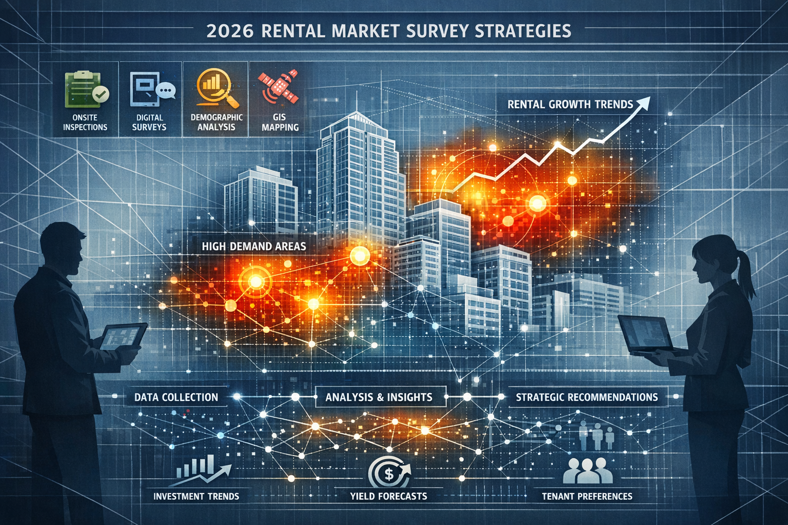 Editorial-style infographic visualizing strategic survey approaches for building surveyors targeting 2026 rental markets, featuring a centra