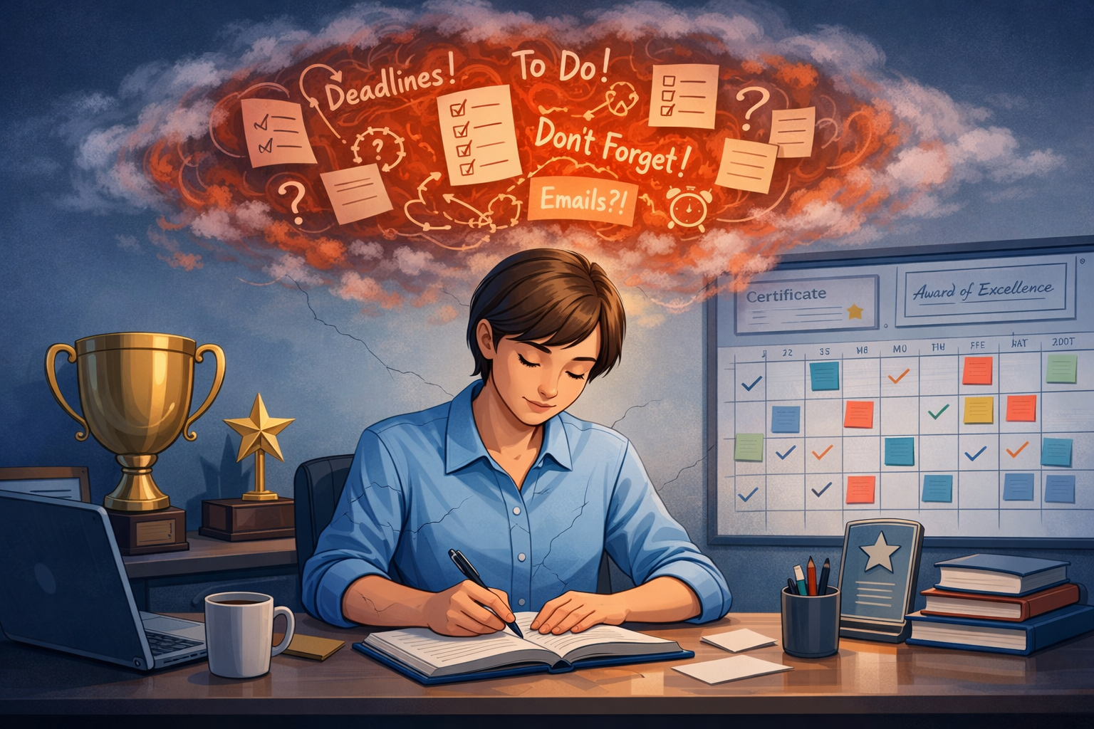 High-Functioning Anxiety: The Silent Struggle of Overachievers 2 Do not write in Hindi on the images. Must write in English only. Landscape format (1536x1024) illustration depicting a person working dilige