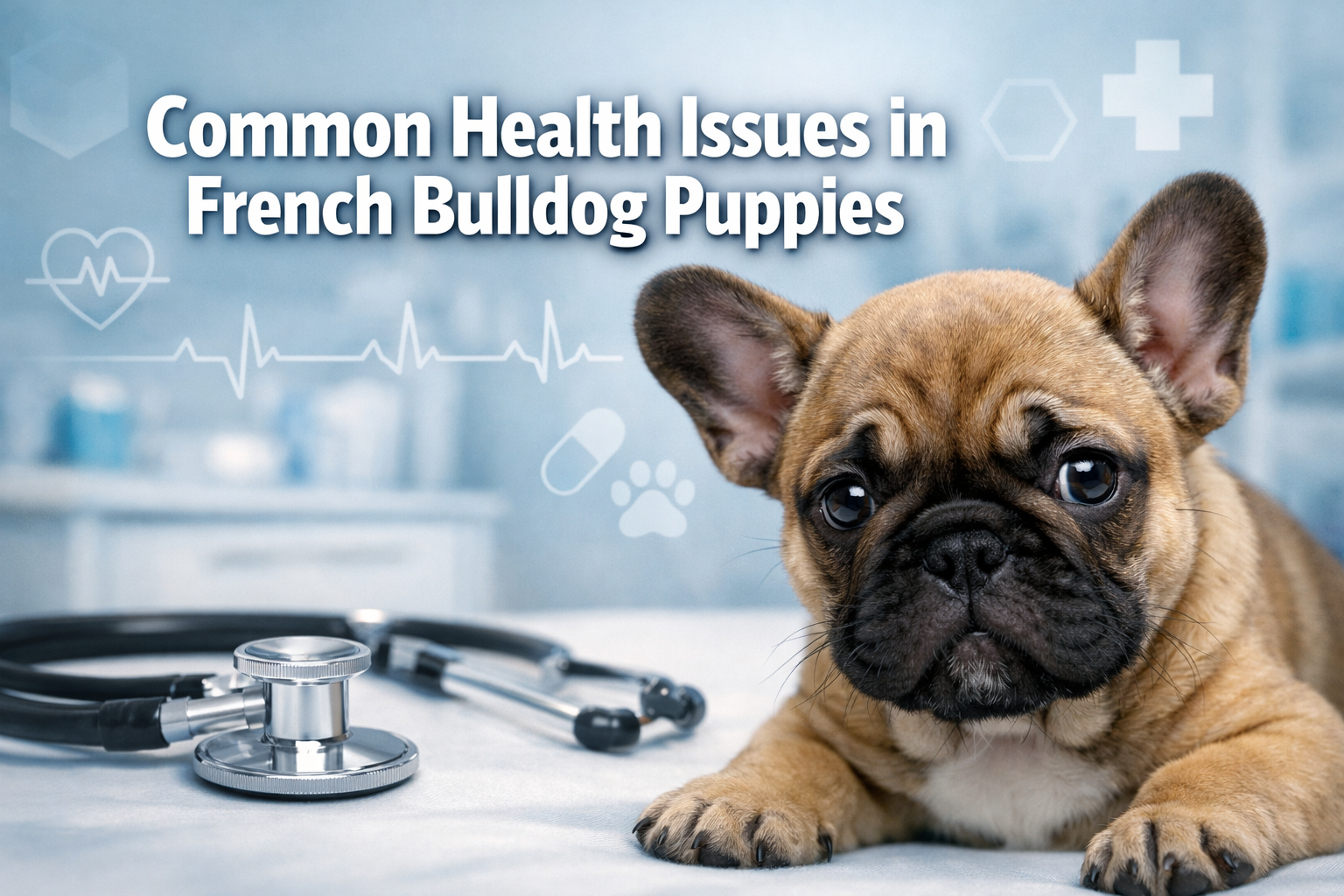 Professional landscape format (1536x1024) hero image featuring adorable French Bulldog puppy with concerned expression, veterinary stethosco