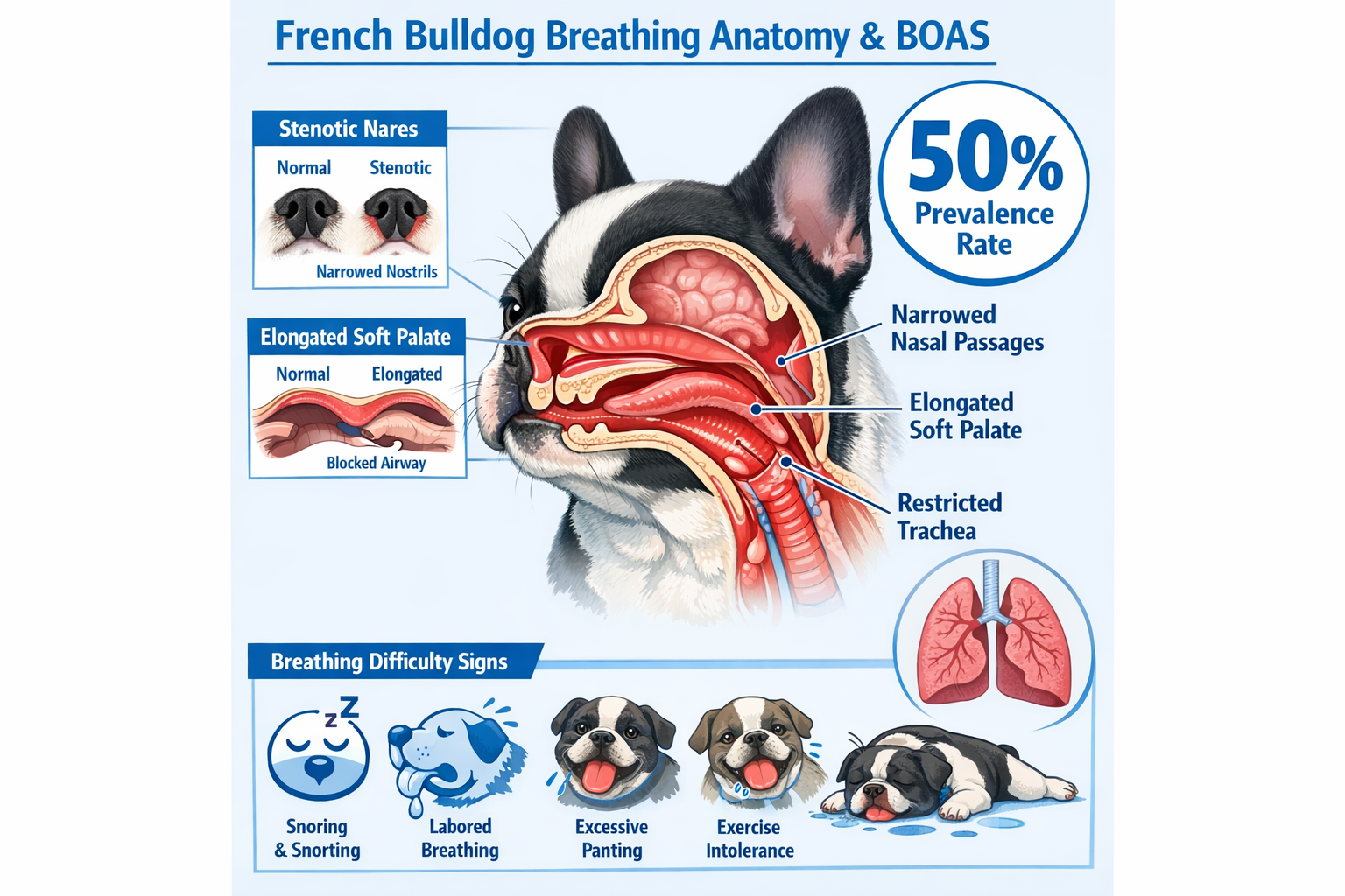 Portrait format (1024x1536) infographic showing French Bulldog puppy breathing anatomy with cross-section view of compressed airways, BOAS i