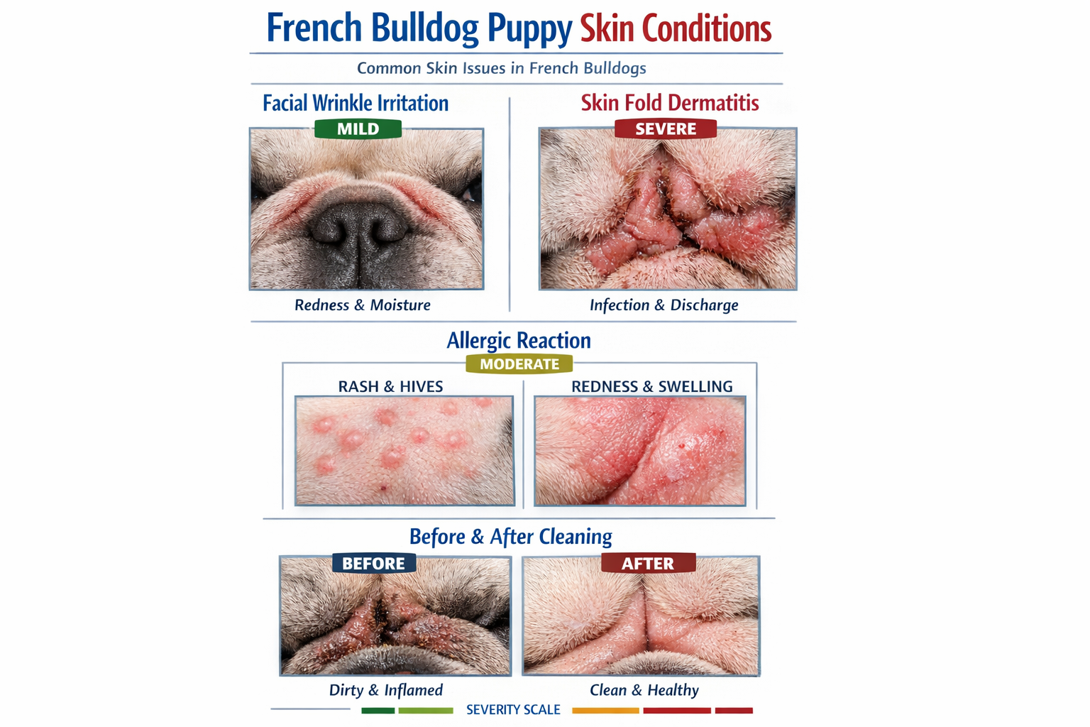 Portrait format (1024x1536) visual guide showing French Bulldog puppy skin conditions with close-up photos of facial wrinkles, skin fold der