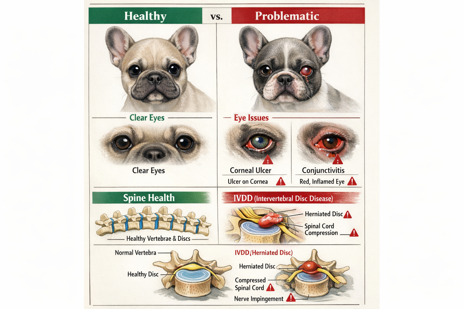 Portrait format (1024x1536) comparison chart showing healthy vs problematic French Bulldog puppy eyes and spine, IVDD illustration with vert
