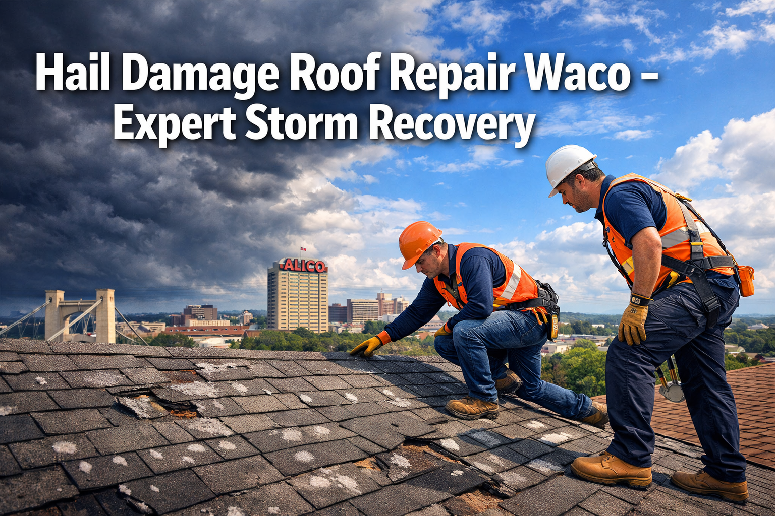 Professional landscape hero image (1536x1024) featuring bold text overlay 'Hail Damage Roof Repair Waco - Expert Storm Recovery' in extra la