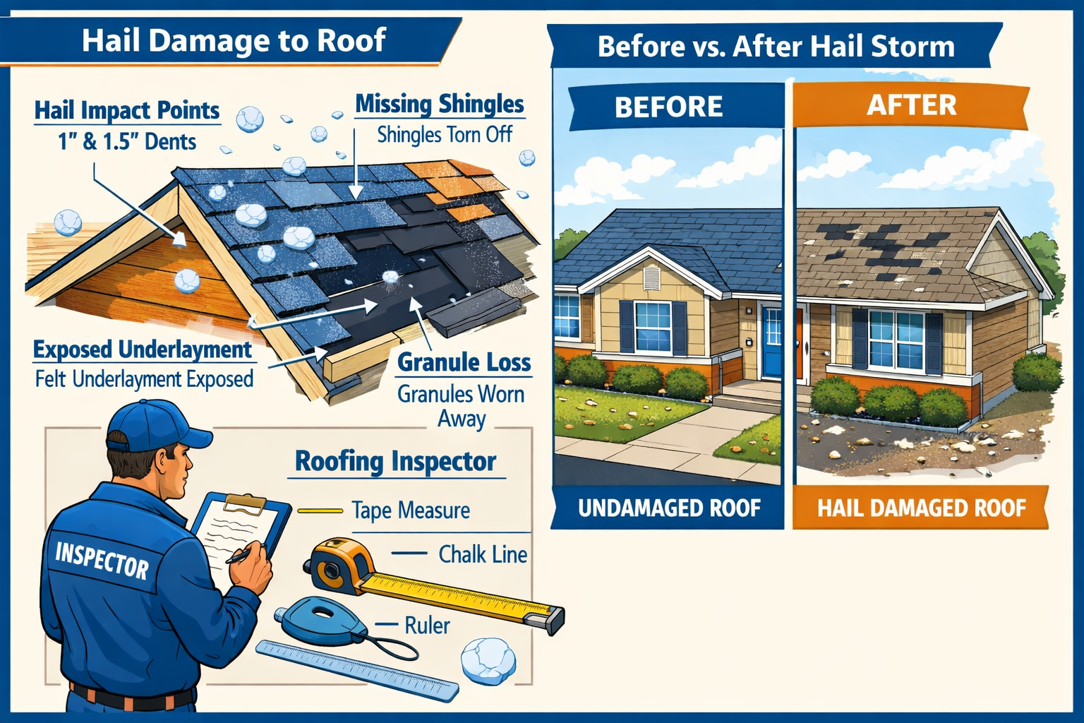 Detailed infographic showing cross-section of hail-damaged roof with labeled impact points, missing shingles, exposed underlayment, and gran