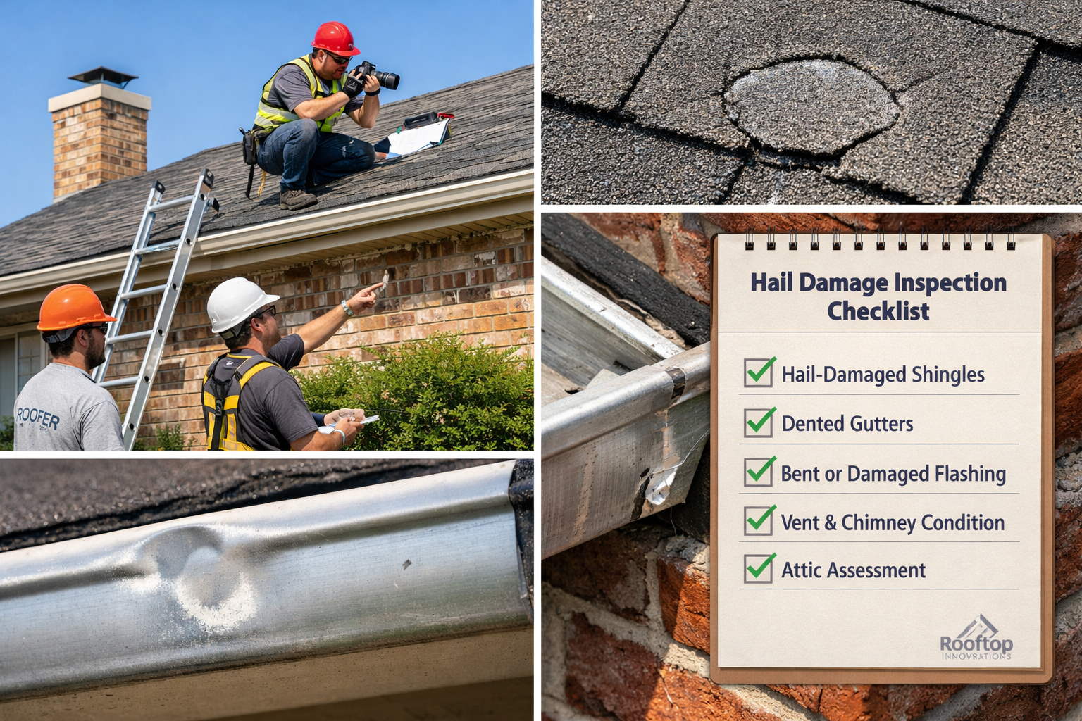 Professional roofing crew performing hail damage inspection on Waco home, ladder against house, safety equipment visible, inspector on roof 
