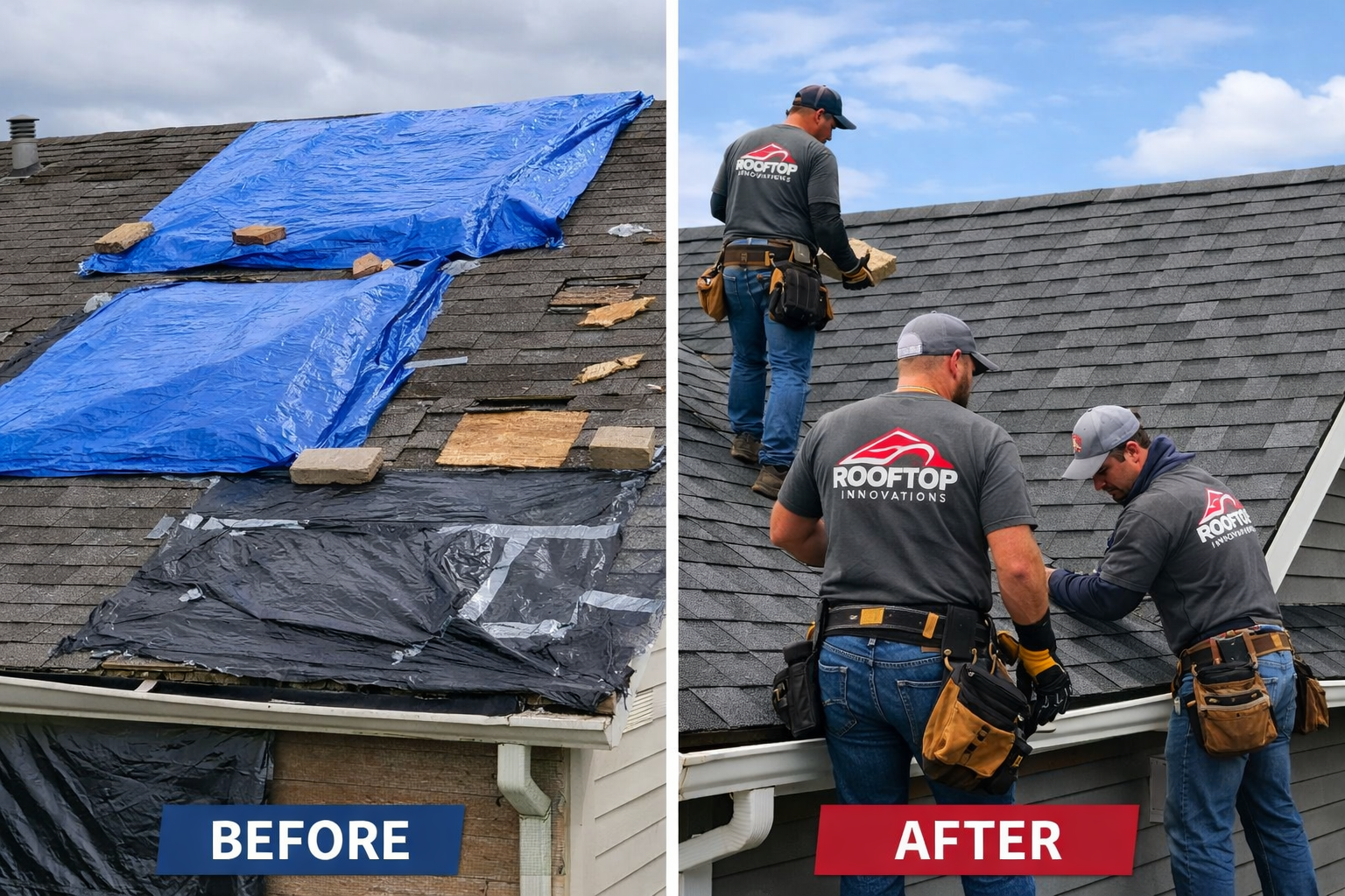 Split-screen comparison showing emergency temporary roof repairs versus permanent professional restoration. Left side: emergency tarps and t