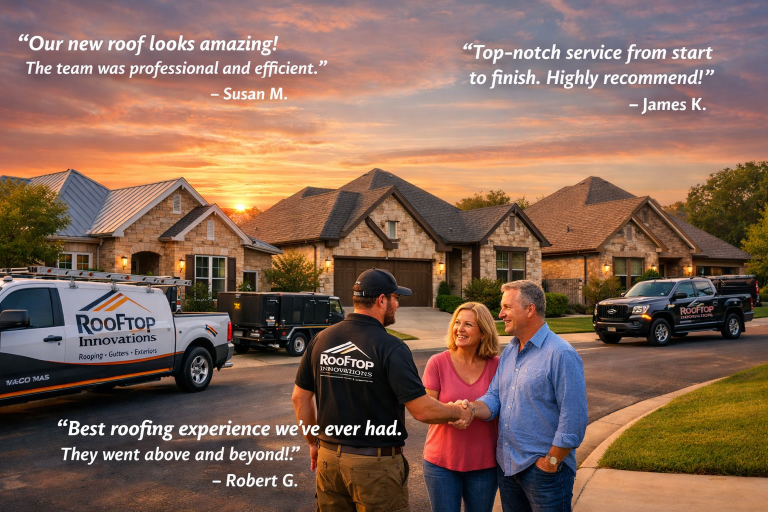 Modern Waco residential neighborhood with various roof types and materials, showcasing Rooftop Innovations completed projects. Professional 