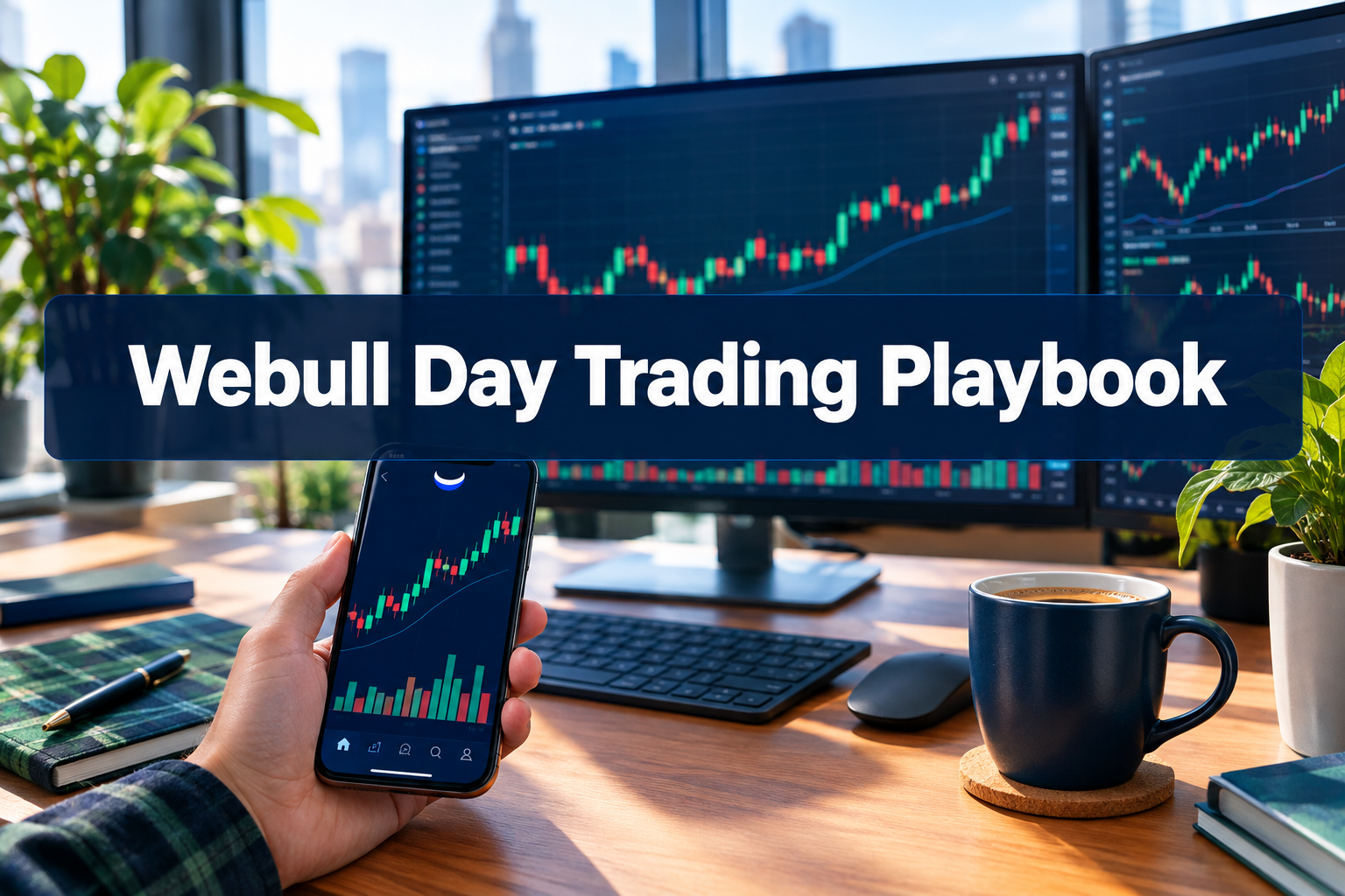 Professional () hero image with SHORT (≤42 chars): 'Webull Day Trading Playbook', white on a dark navy semi-transparent