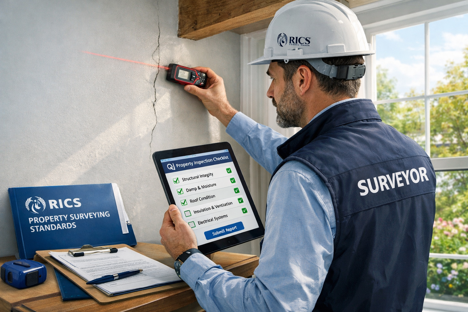 Detailed () image showing professional building surveyor conducting detailed property inspection with modern digital