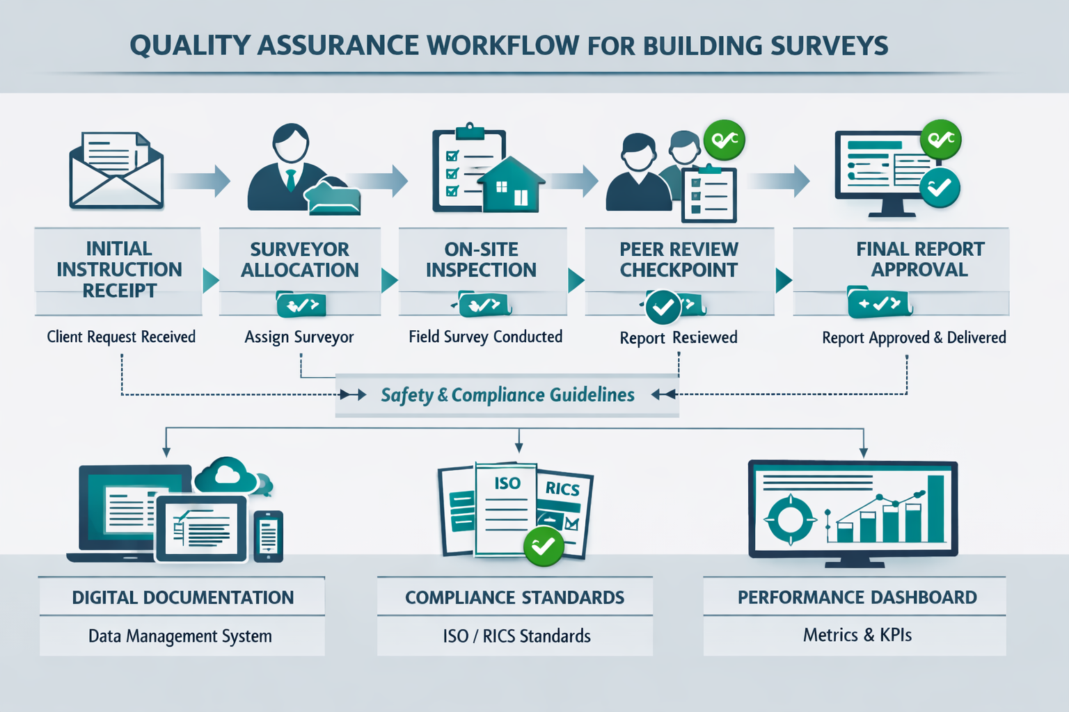 () visual representation of quality assurance workflow system for building surveys showing interconnected process diagram