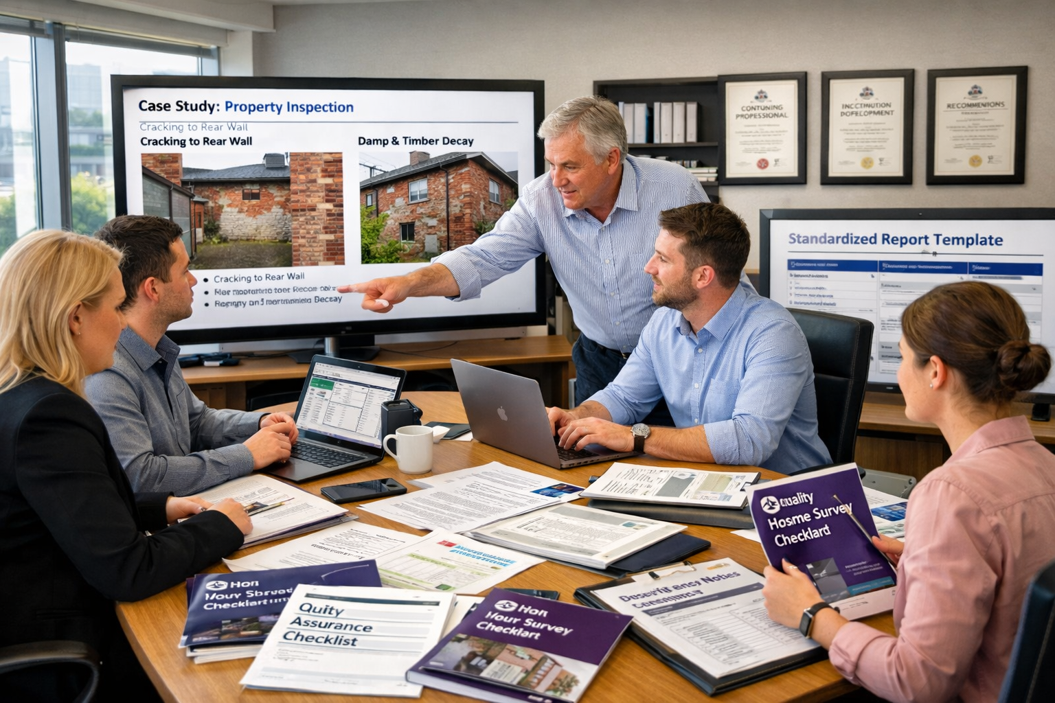 Detailed () image depicting building surveyor training session in modern office environment with multiple surveyors