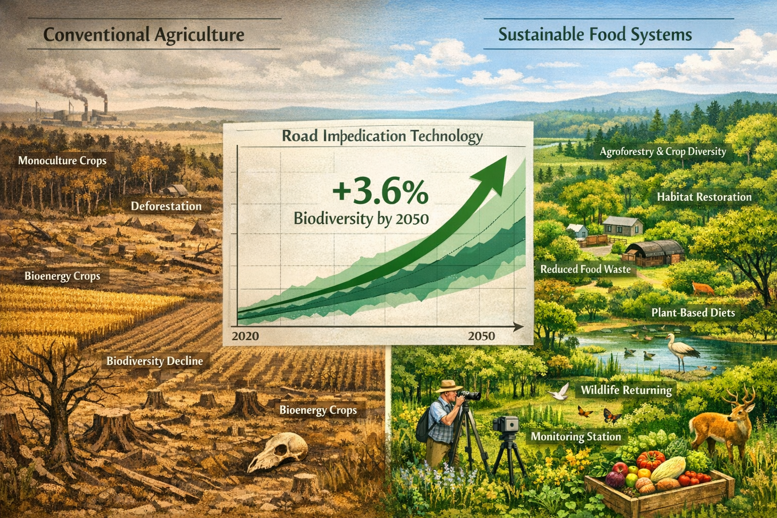 Detailed () visualization of food system transformation impact on biodiversity showing before-and-after landscape